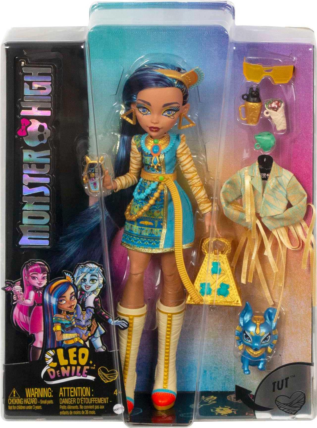 Monster High Doll, Cleo De Nile with Blue Streaked Hair in Signature Look with Fashion Accessories & Pet Dog Tut