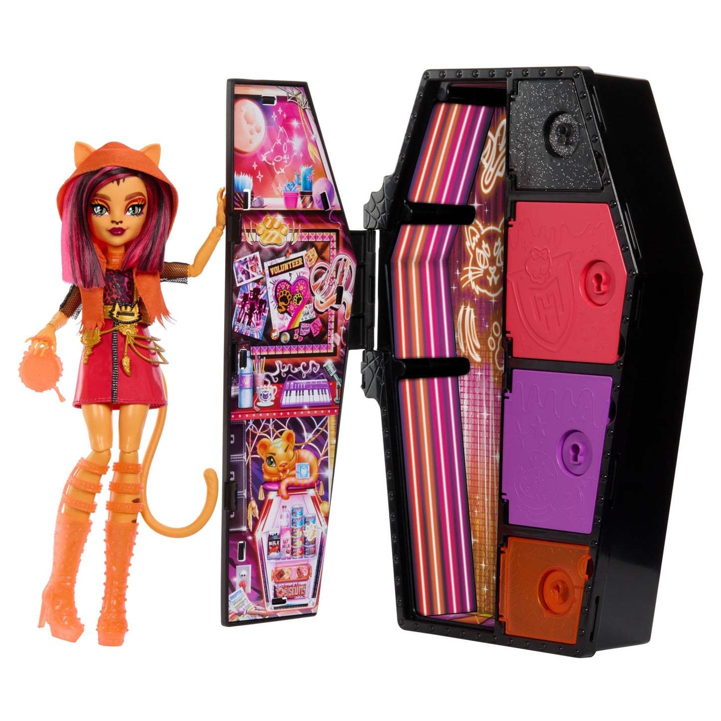 Monster High Skulltimate Secrets Neon Frights Doll & Accessories, Toralei Stripe with Dress-Up Locker & 19+ Surprises