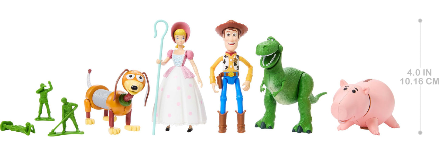 Mattel Disney Pixar Storytellers Pack Figures, Toy Story 4-Inch Scale Multi-Pack, Woody Rex Slinky Dog Hamm Bo-Peep & 4 Army Men