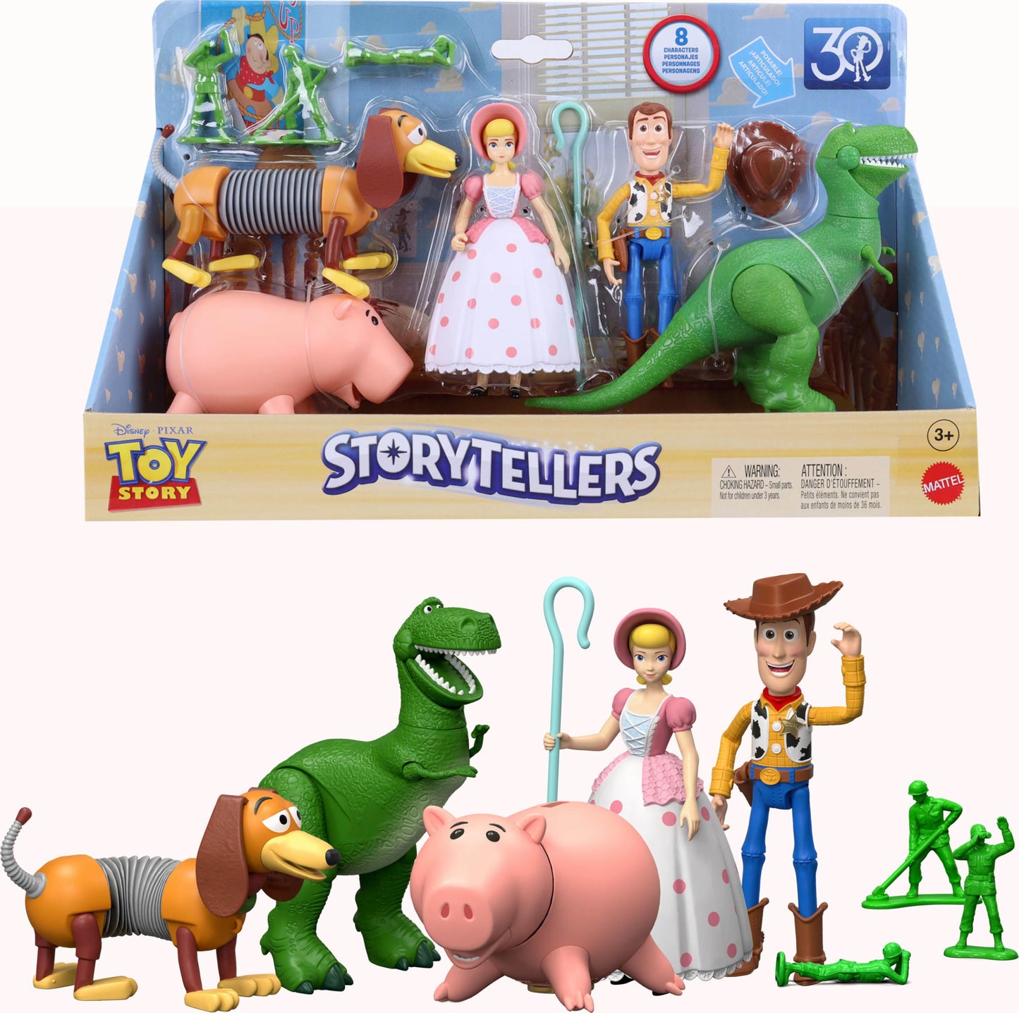 Mattel Disney Pixar Storytellers Pack Figures, Toy Story 4-Inch Scale Multi-Pack, Woody Rex Slinky Dog Hamm Bo-Peep & 4 Army Men