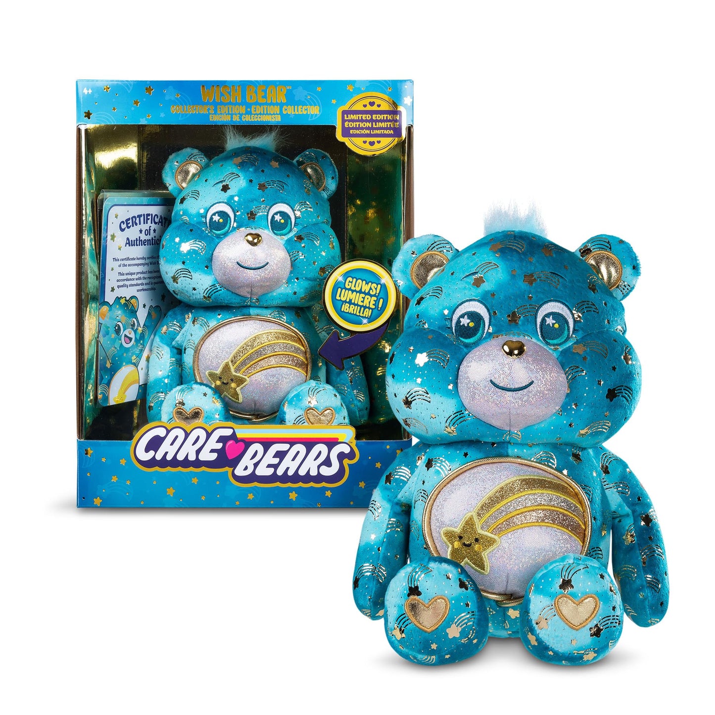 Basic Fun Care Bears 35 cm Luminous Belly Plush - Environmentally Friendly Plush Toy with Illuminated Belly Badge - Comfortable Collectable Plush for Children and Fans