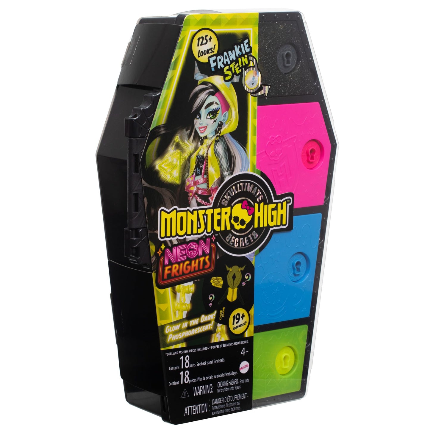 Monster High Skulltimate Secrets Neon Frights Doll & Accessories, Frankie Stein with Dress-Up Locker & 19+ Surprises