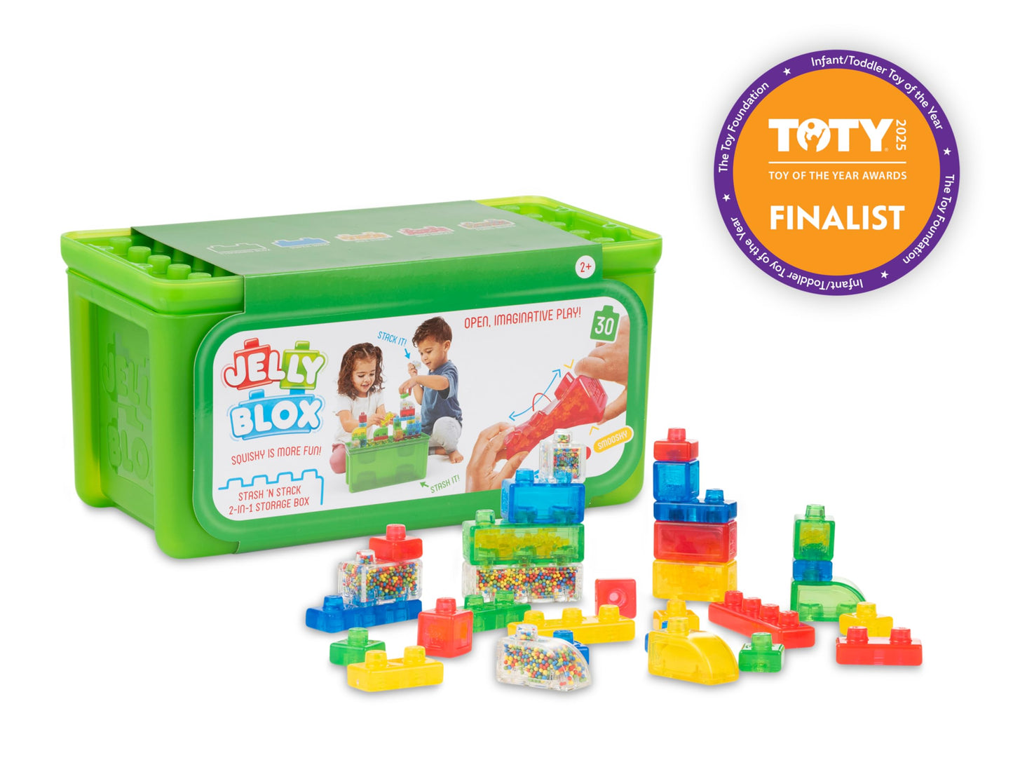 Jelly Blox Stash 'N Stack 2-in-1 Storage Case with 30 Blocks | Toddler & Preschool Building Blocks Kids Can Squeeze & Stretch | MESH ACCREDITED | Safety Tested & Ouch-Free | Sensory Play Toy Ages 2+