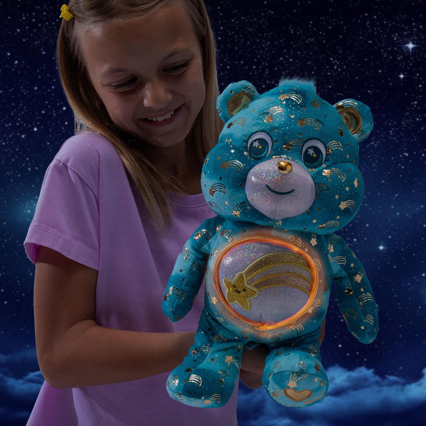 Basic Fun Care Bears 35 cm Luminous Belly Plush - Environmentally Friendly Plush Toy with Illuminated Belly Badge - Comfortable Collectable Plush for Children and Fans