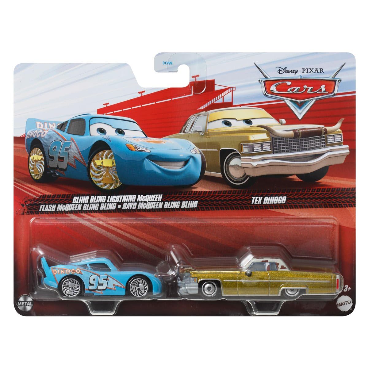 Cars Disney Pixar Pack of 2 Metal Cars 1:55 - Die-Cast Bling Bling Lightning McQueen & Tex Dinoco
