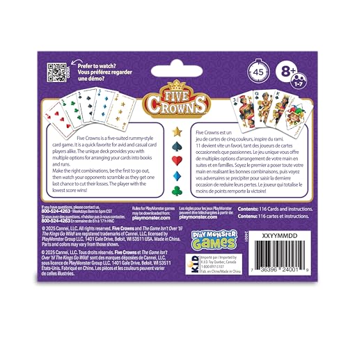 PlayMonster Five Crowns — The Game Isn't Over Until The Kings Go Wild! — 5 Suited Rummy-Style Card Game — for Ages 8+, Bilingual Version