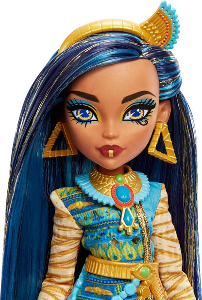 Monster High Doll, Cleo De Nile with Blue Streaked Hair in Signature Look with Fashion Accessories & Pet Dog Tut