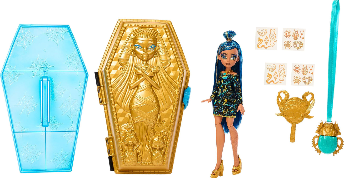 Monster High Doll & Accessories, Cleo De Nile Golden Glam Case Beauty Kit with Tattoos, Stickers & Necklace for Kids