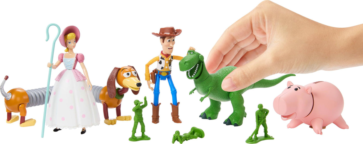Mattel Disney Pixar Storytellers Pack Figures, Toy Story 4-Inch Scale Multi-Pack, Woody Rex Slinky Dog Hamm Bo-Peep & 4 Army Men