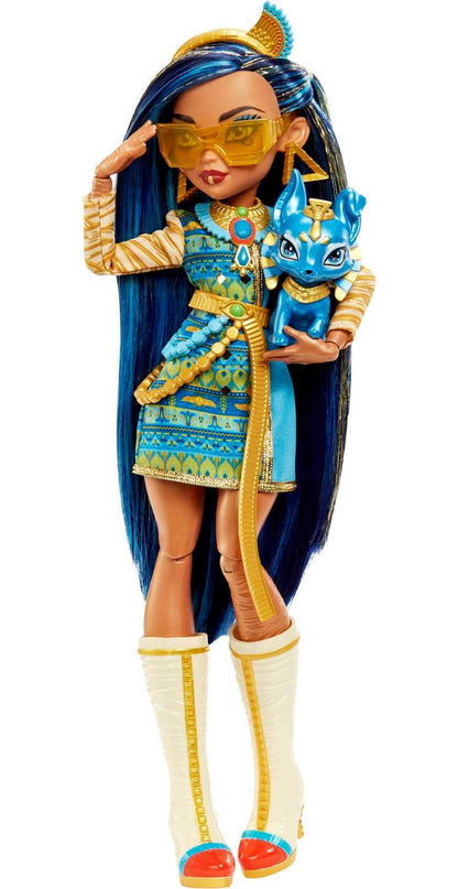 Monster High Doll, Cleo De Nile with Blue Streaked Hair in Signature Look with Fashion Accessories & Pet Dog Tut