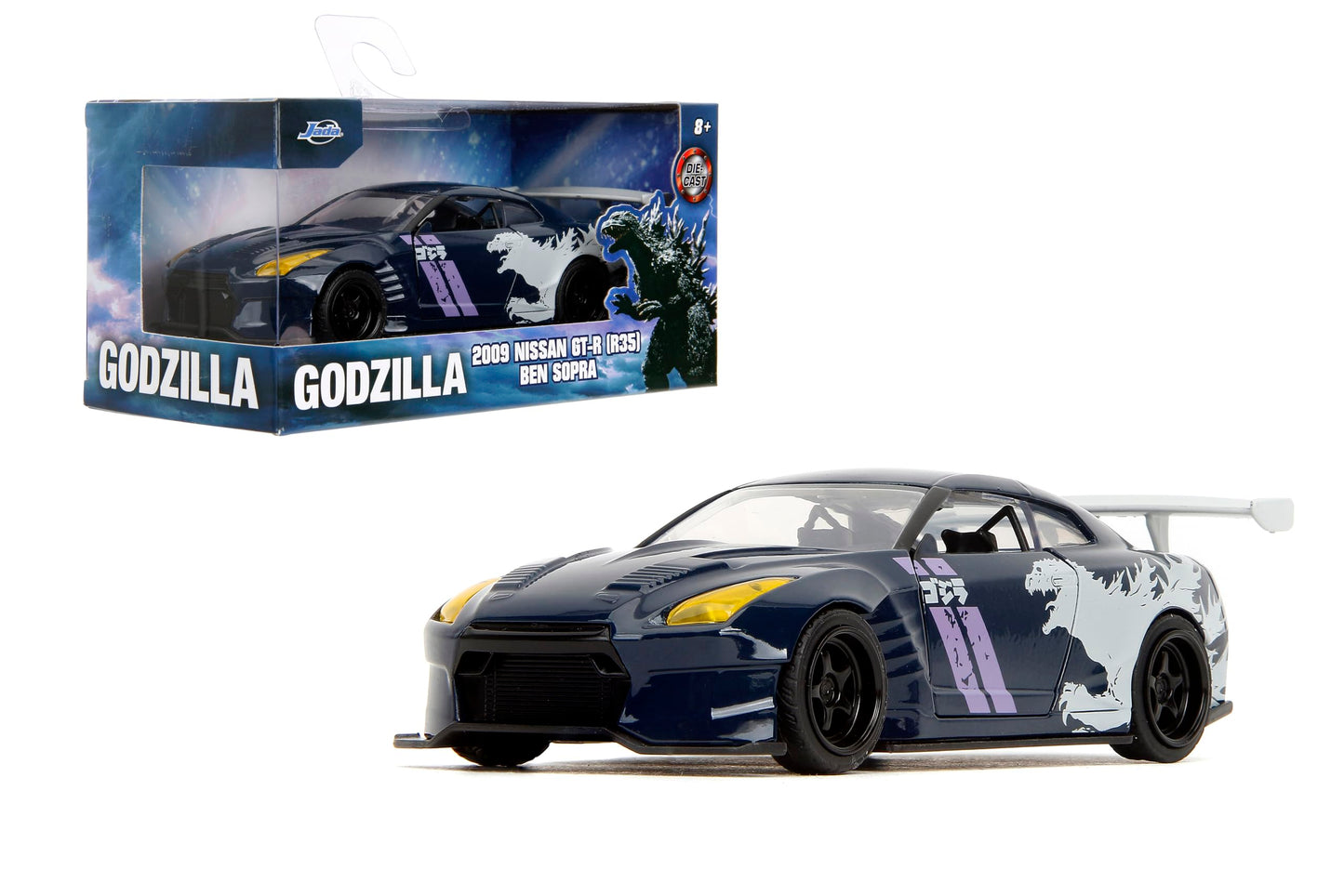 Jada Hollywood Rides 1:32 Scale Die-Cast 2009 Nissan GT-R (R35) Ben Sopra Godzilla – Opening Doors, Rubber Tires – Collectible for Adults – Toho Licensed