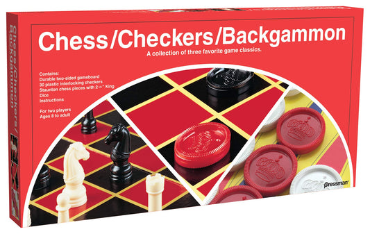 Pressman 1113-12 Chess/Checkers/Backgammon Double Sided Folding Game Board