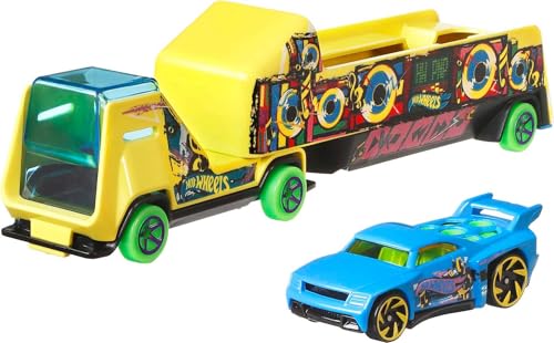 Hot Wheels Toy Car & Truck, Super Rigs 1:64 Scale Race Car & Matching Semi Truck Transporter (Styles May Vary)