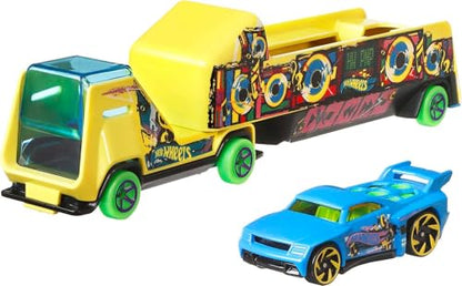 Hot Wheels Toy Car & Truck, Super Rigs 1:64 Scale Race Car & Matching Semi Truck Transporter (Styles May Vary)