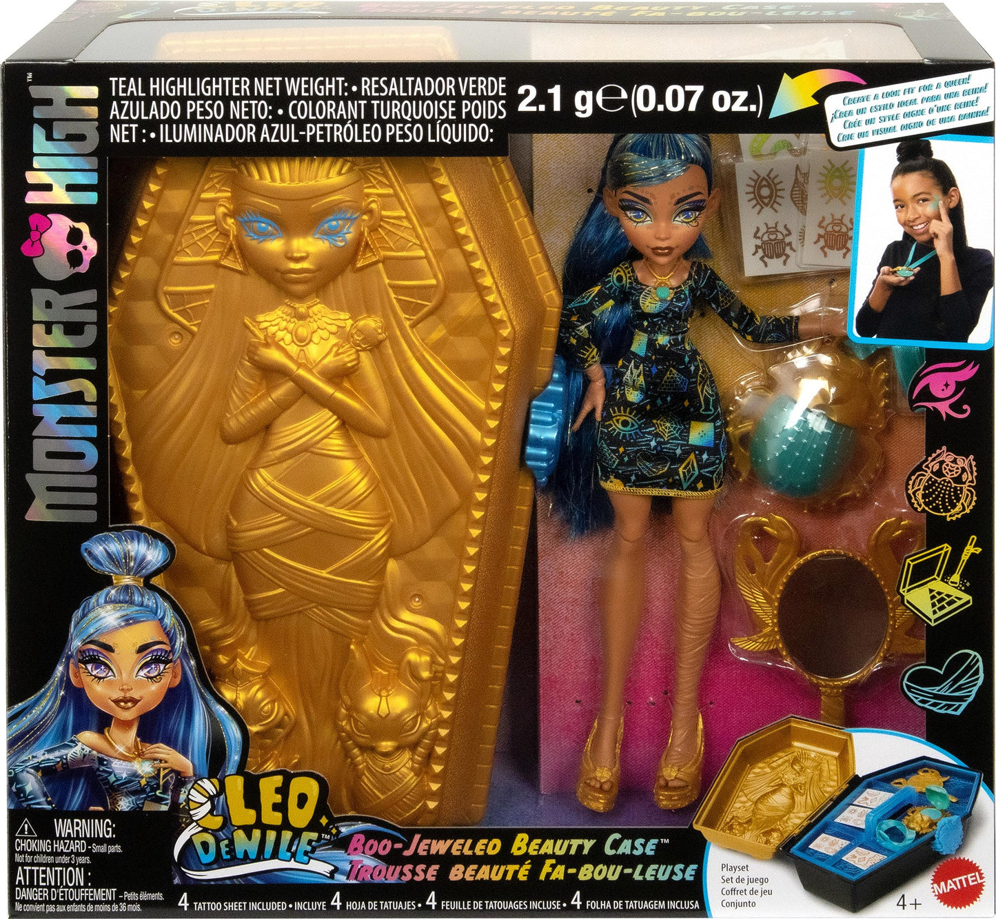 Monster High Doll & Accessories, Cleo De Nile Golden Glam Case Beauty Kit with Tattoos, Stickers & Necklace for Kids