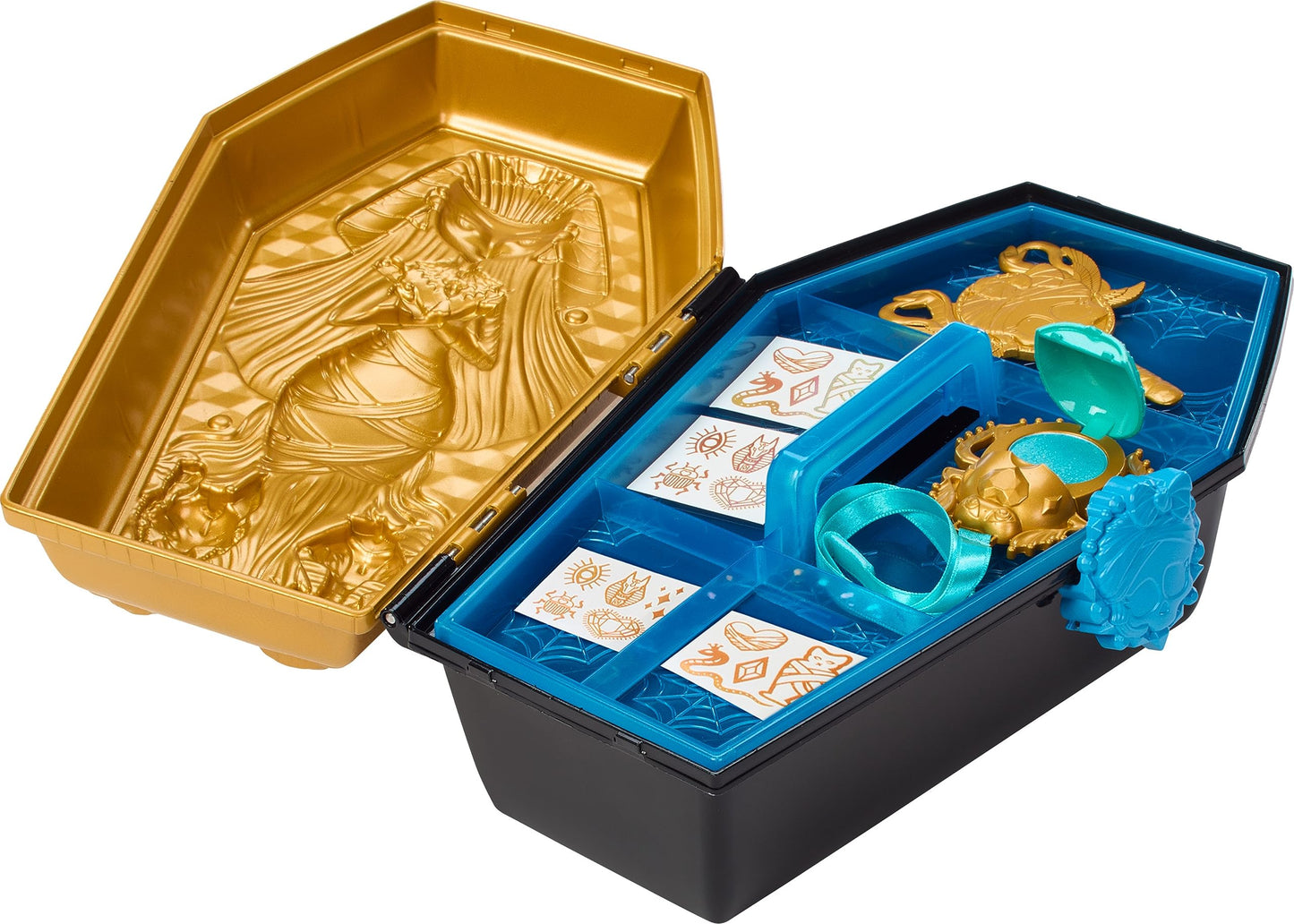 Monster High Doll & Accessories, Cleo De Nile Golden Glam Case Beauty Kit with Tattoos, Stickers & Necklace for Kids