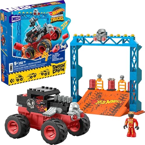 MEGA Hot Wheels Monster Trucks Toy Car Building Set, Smash & Crash Bone Shaker Crush Course with 151 Pieces, 1 Micro Figure Driver, Red, Age 5+ Years